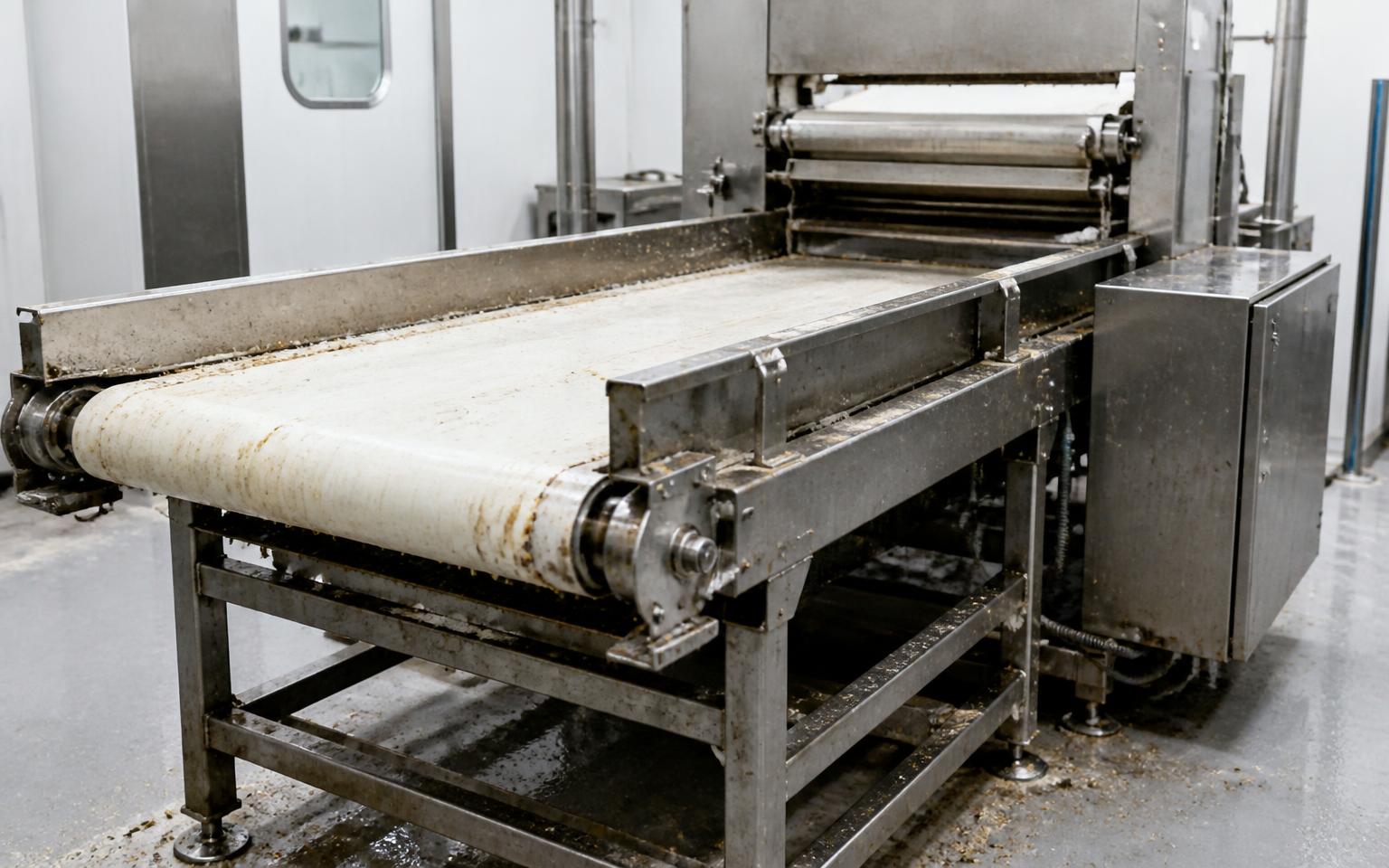 Vervuilde productietransportband voor reiniging