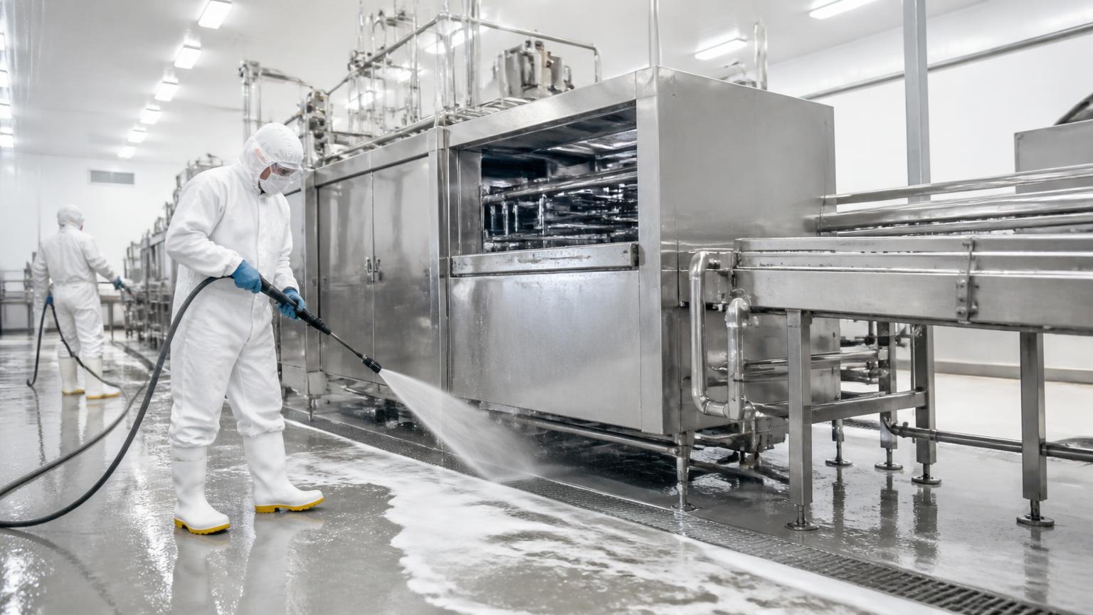 Professioneel reinigingsteam reinigt een roestvrijstalen productiemachine
