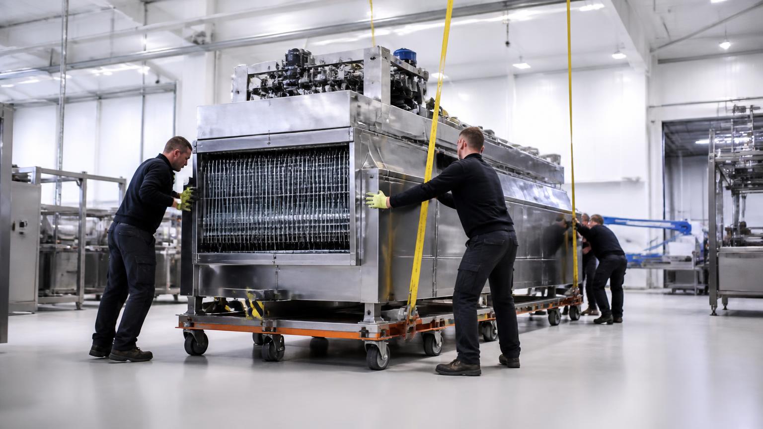 Technici verplaatsen een industriële machine op een verrijdbare dolly