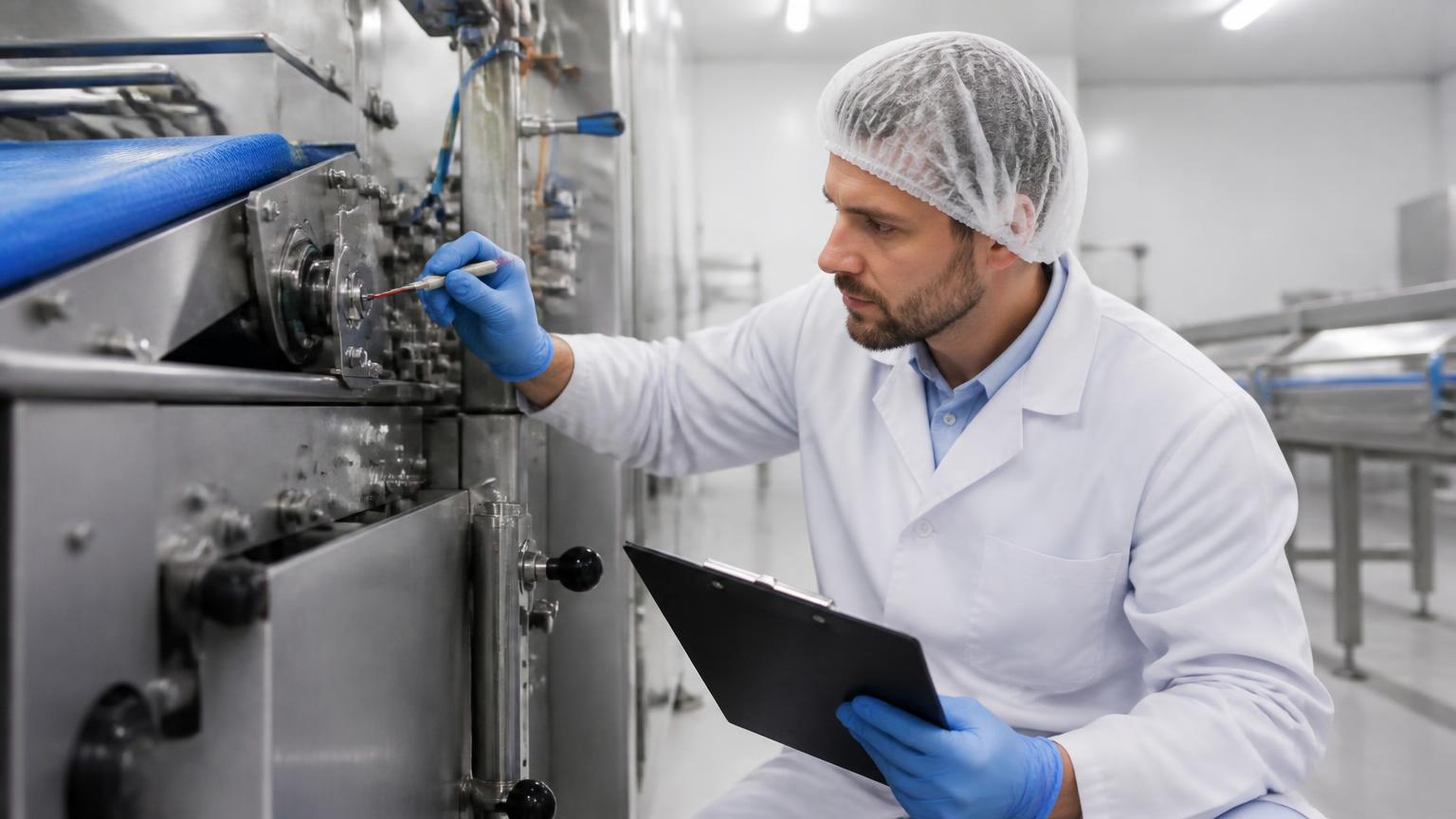 Technicus inspecteert een roestvrijstalen machine met een checklist