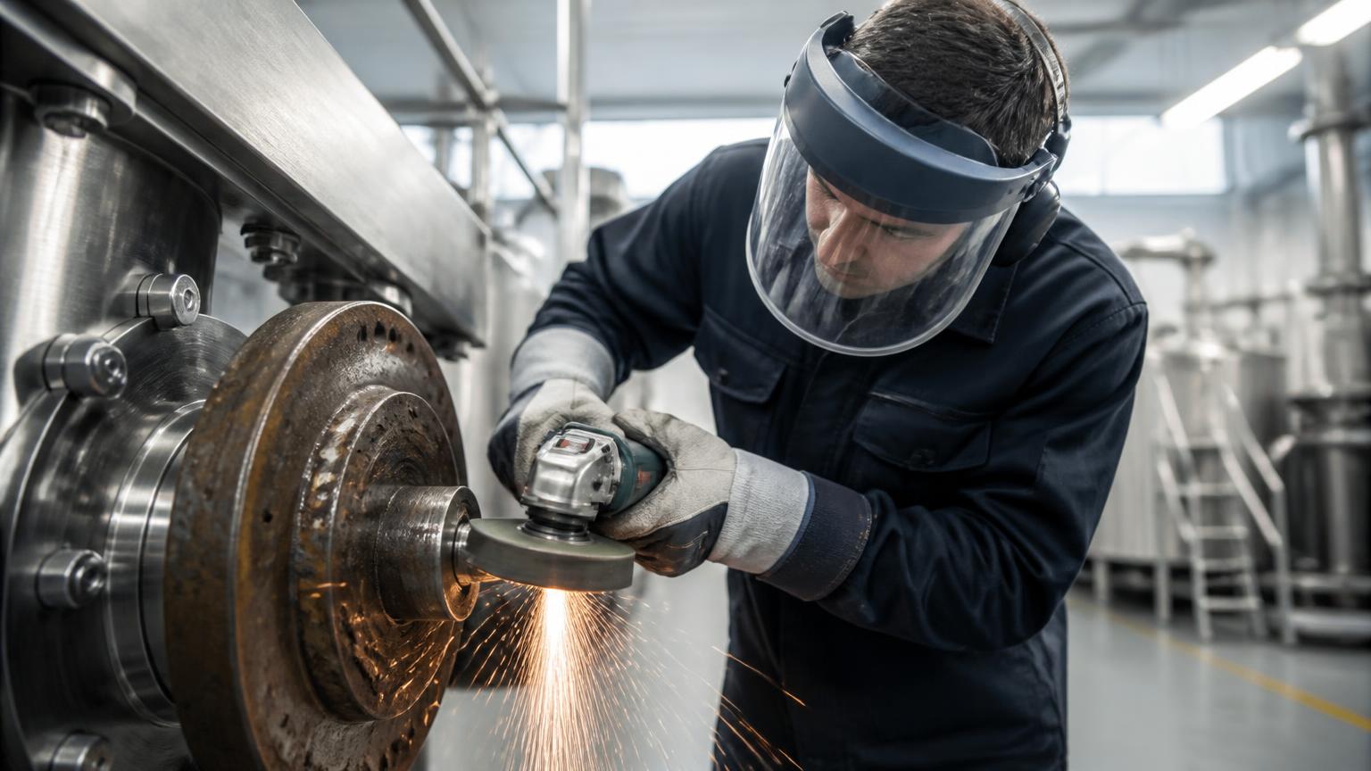 Technicus verwijdert roest van een metalen machineonderdeel