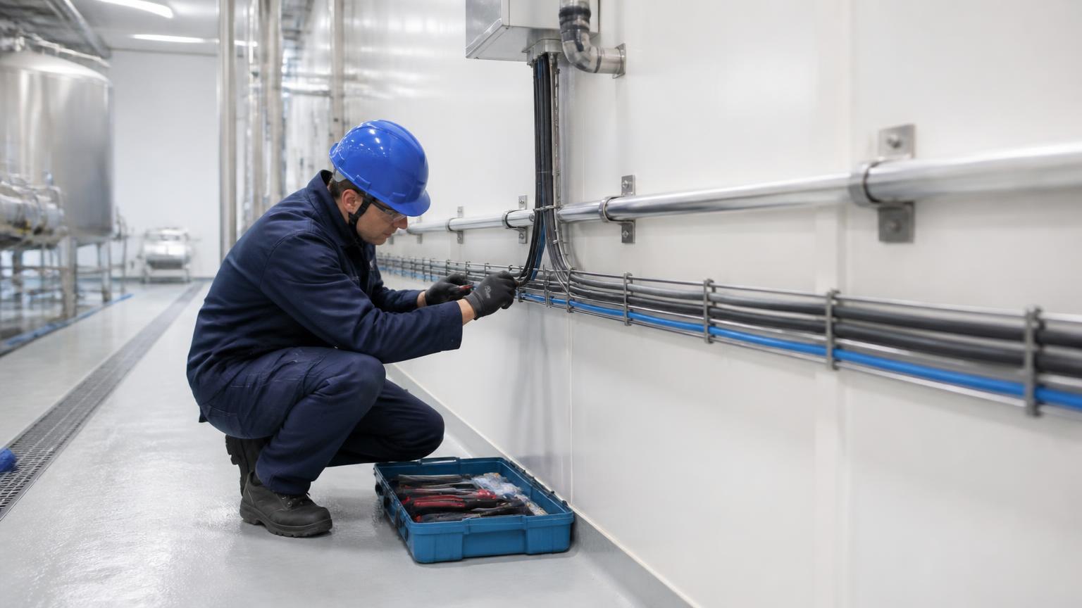 Technicus legt industriële kabels langs een fabriekswand